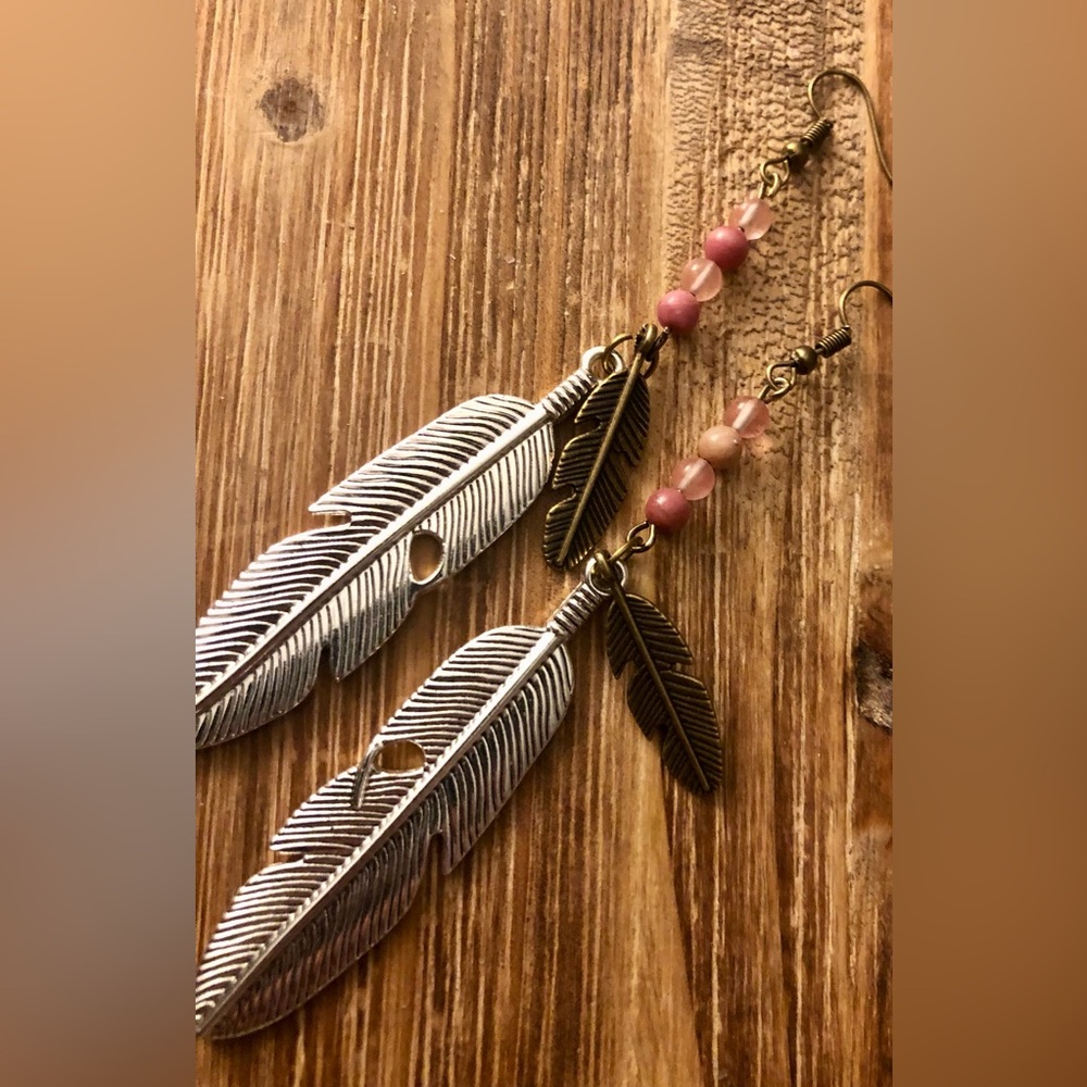 Antique Brass And Silver Rose Bead Tangle Feather Boho Handmade Earrings